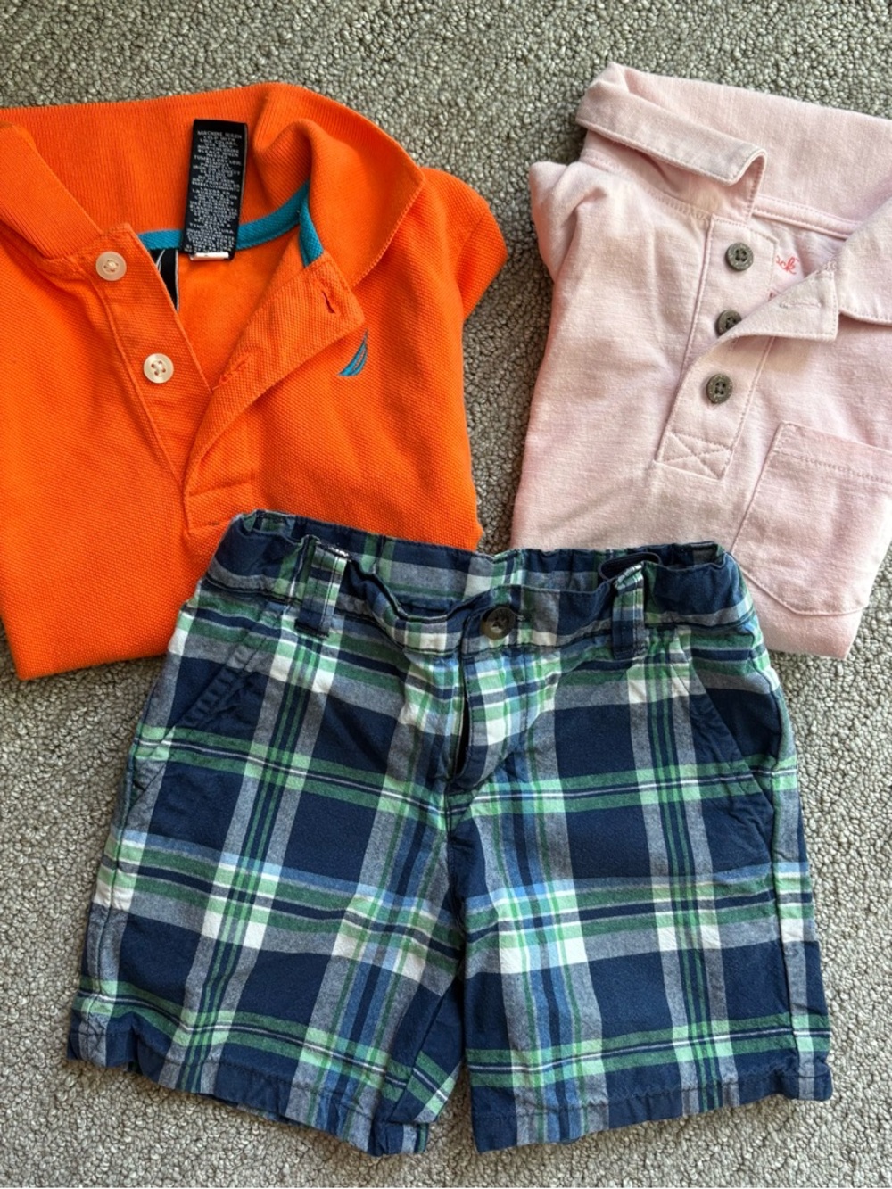 Janie and Jack Orange Polo, Pink Henley & Navy Green Plaid Shorts